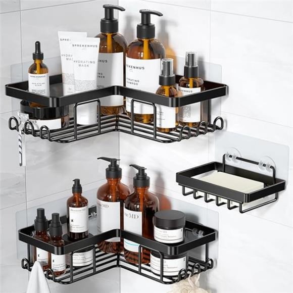 Corner Adhesive Shower Caddy, with Soap Holder and 12 Hooks, Rustproof 3 Pack - Picture 7 of 7